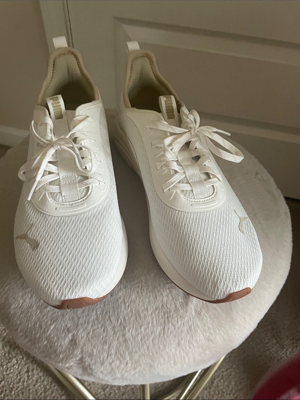 Puma White and Beige Knit Lace-Up Sneakers